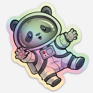 Pegatina holográfica de astronauta panda en el espacio