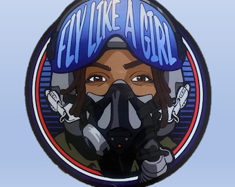 Fly Like A Girl Stickers (2 Pack) Dark Skin, Brown Hair, Brown Eyes