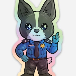 May include: A sticker featuring a cartoon dog in a blue TSA uniform with the name "Bentley" on the chest. The dog is black and white with large blue eyes and is pointing upwards with a gloved hand. The sticker has a holographic, iridescent border.