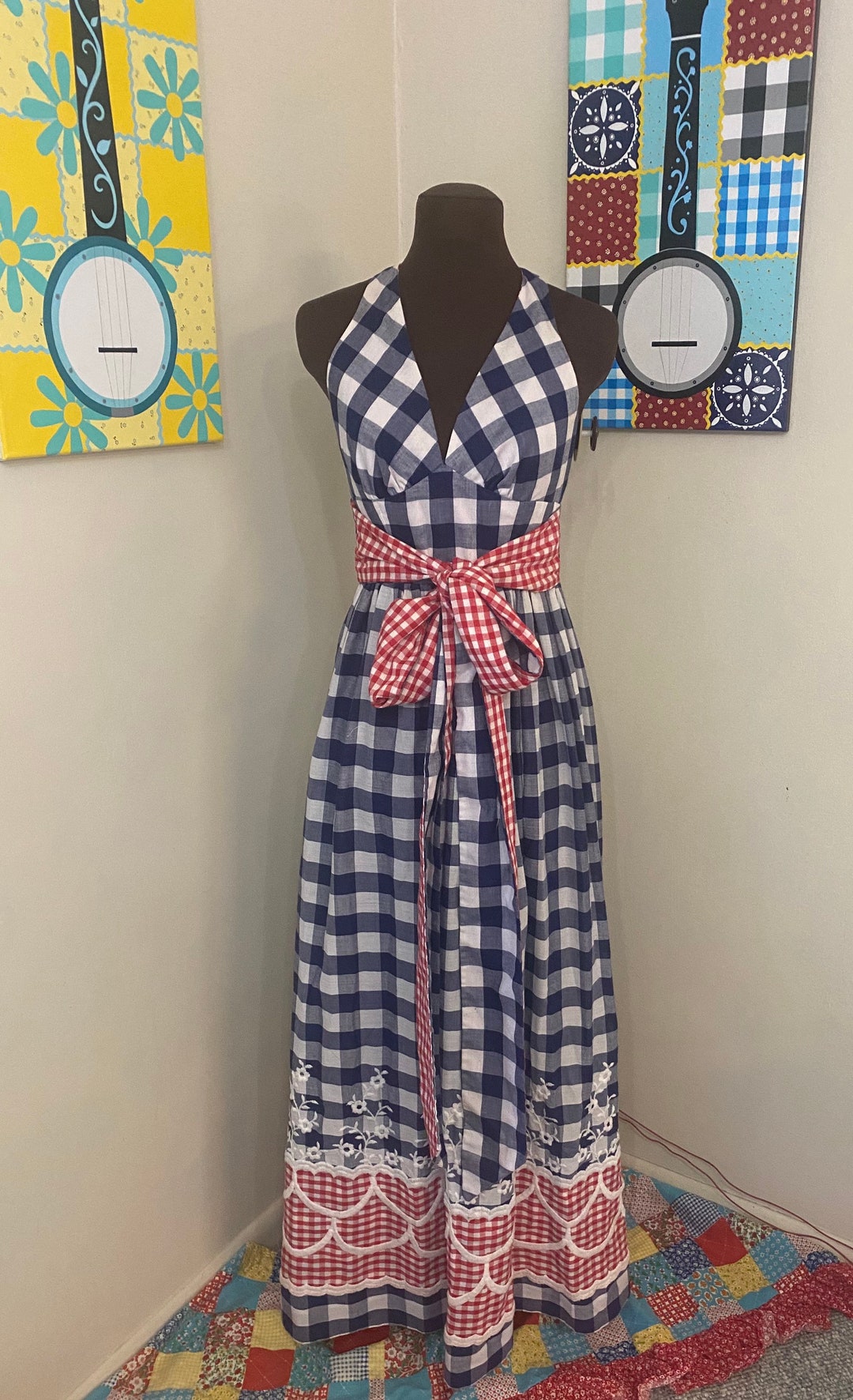Incredible Rare 70s Smocked Brown Gingham Seersucker Cotton Maxi Dress