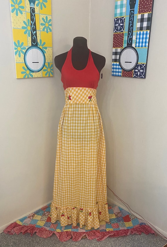 1970’s Yellow Gingham Halter Maxi Dress XS