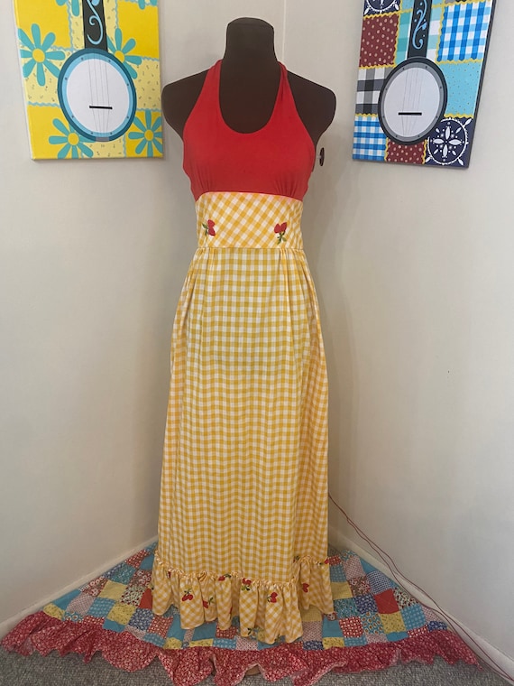 1970's Yellow Gingham Halter Maxi Dress Xs
