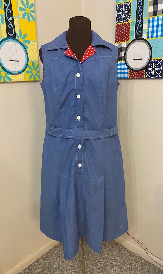 1970’s Sleeveless Blue Chambray Summer Dress L