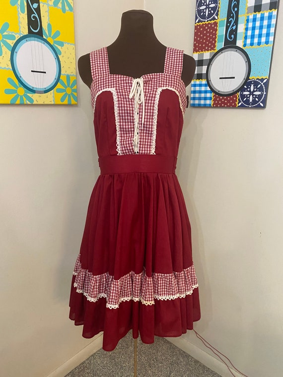 1970’s Dark Red Gingham Square Dance Dress S