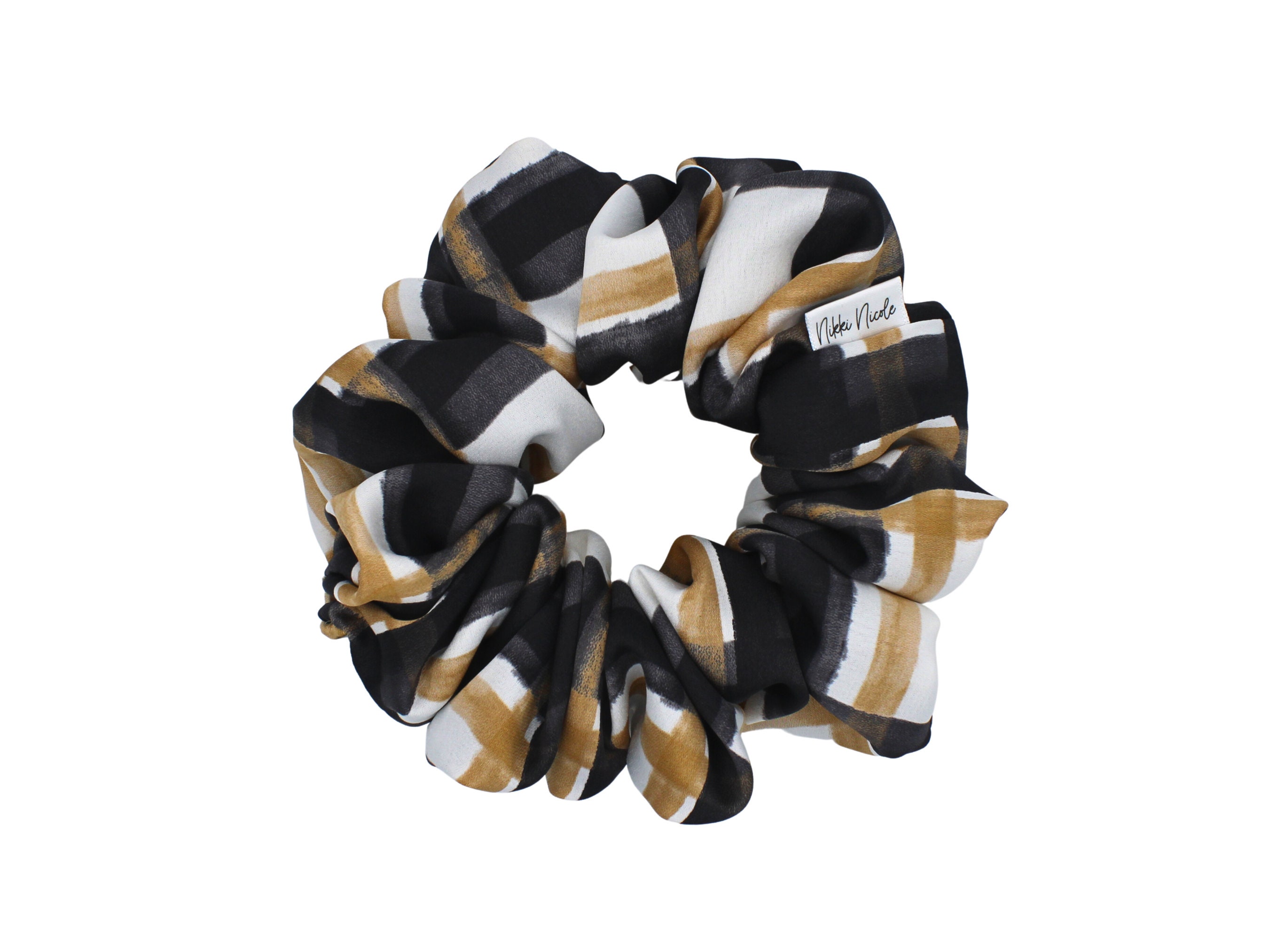 Handmade Satin Plaid Scrunchie: Black, Tan & White Hair Tie 