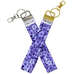 Purple Flower Key Fob Wristlet: Handmade Cotton Keychain Bag Charm