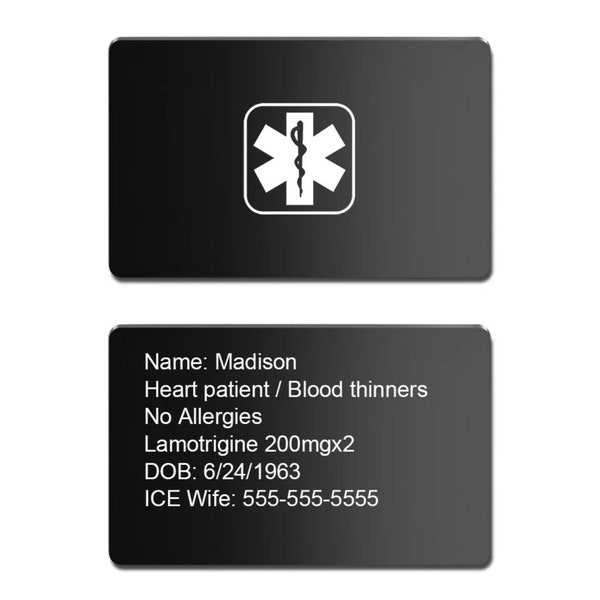 Medical alert wallet card, ice card, emergency contact, medical ID card, pet home alone, pet alert id, pet safety card, aluminum alert card