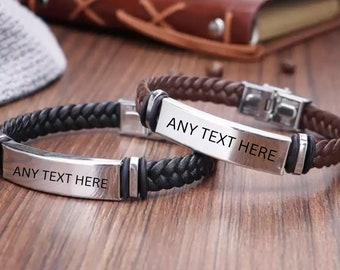 Personalized Leather Bracelet for Men: Engraved Stainless Steel Clasp