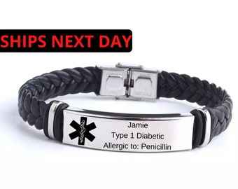 Pulsera de emergencia, pulsera de alerta médica personalizada, pulsera de alergia, diabético, pulsera de identificación médica de cuero, pulsera de identificación médica para hombre