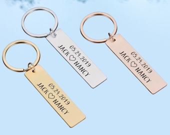 Engraved Couples Keychain Customized Name and Date Romantic Lover's Anniversary Key Chain Stainless Steel Keyring Girlfriend Boyfriend Gifts