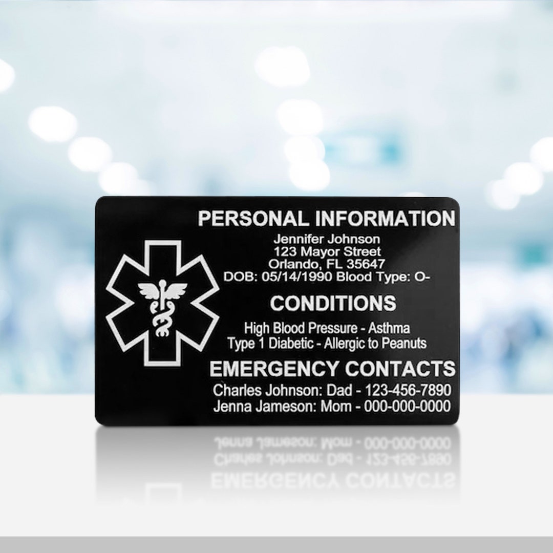 Medical ID Card for Wallet, Aluminum Custom Engraved Emergency Contact ...