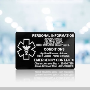 Tarjeta de identificación médica para billetera, tarjeta de contacto de emergencia grabada personalizada de aluminio, tarjeta ICE de alerta médica de metal personalizada para condiciones médicas