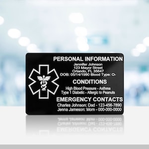 Medical ID card for wallet, aluminum custom engraved emergency contact card, personalized metal medical alert ICE card for medic conditions