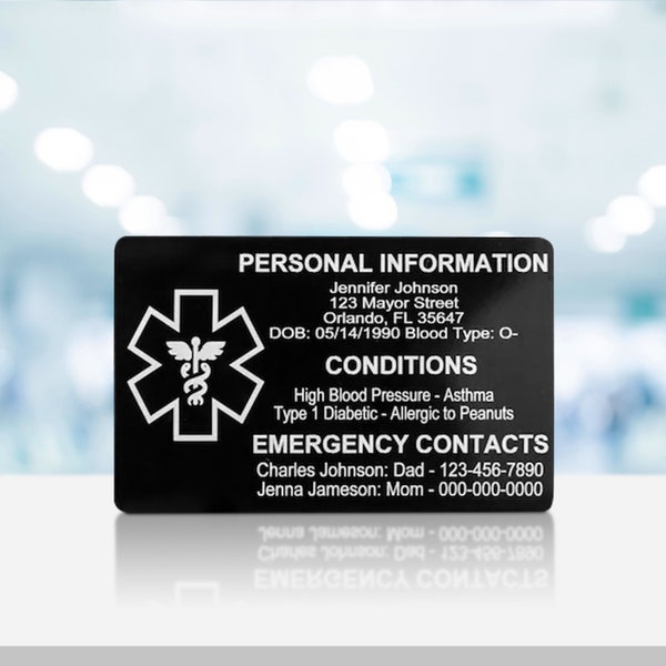 Medical ID card for wallet, aluminum custom engraved emergency contact card, personalized metal medical alert ICE card for medic conditions