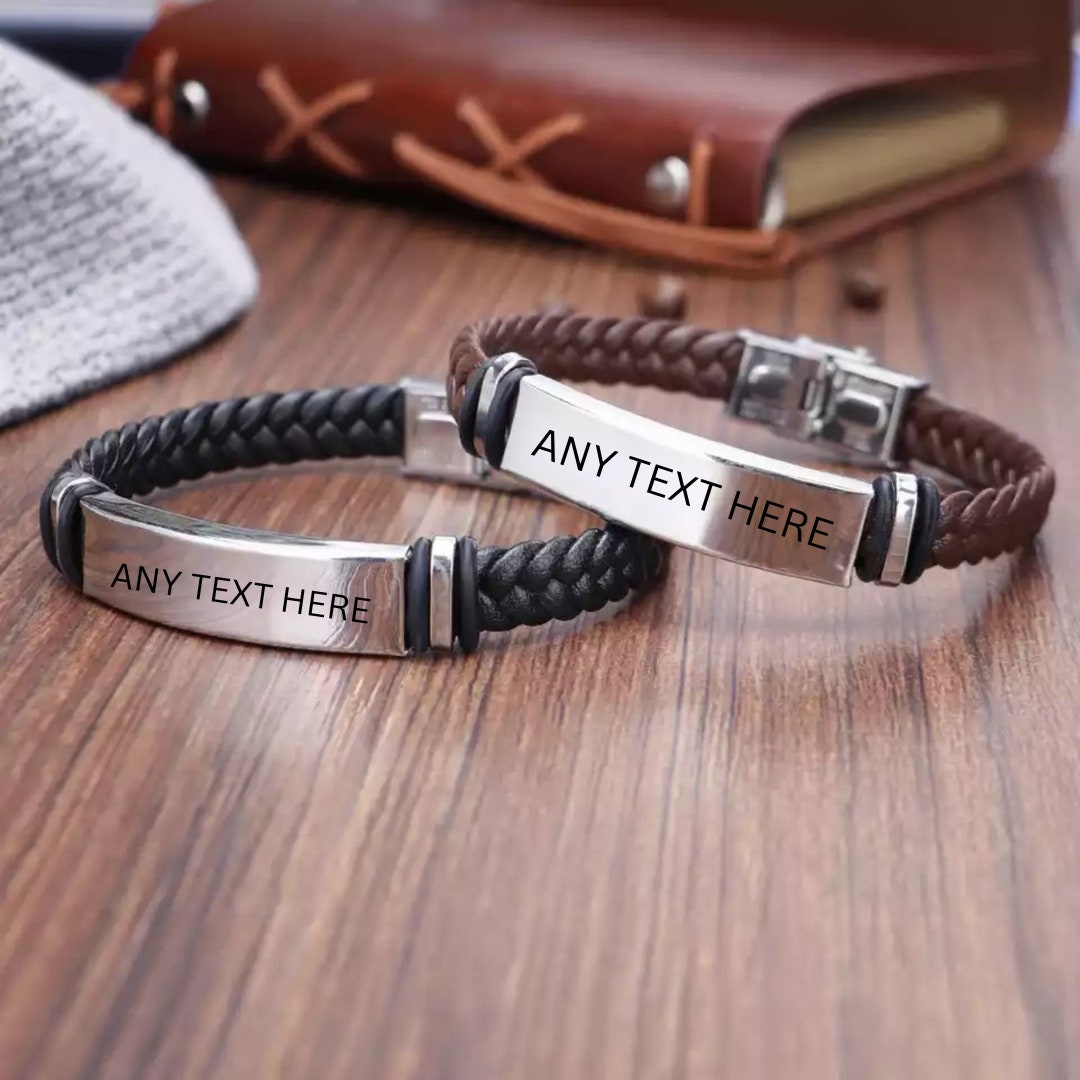 Personalised Mens Bracelet Leather Engraved Bracelet Gift for DAD ID