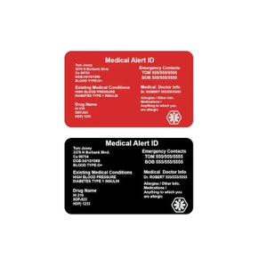 Medische identiteitskaart voor portemonnee, aluminium op maat gegraveerde noodcontactkaart, gepersonaliseerde metalen medische waarschuwingskaart voor medische aandoeningen