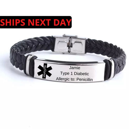 Bracelet d'identification médicale en cuir personnalisé : alerte d'urgence, bracelet pour diabétique
