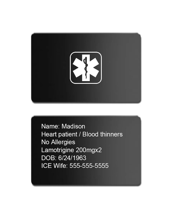 Medical Alert Wallet Card Ice Card Emergency Contact - Etsy