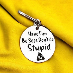 Funny, Motivational, Daily Reminder, Stainless Steel Keychain: Have Fun, Stay Safe, Don't Do Stupid Shit - Bold Adventure mantra, gift idea