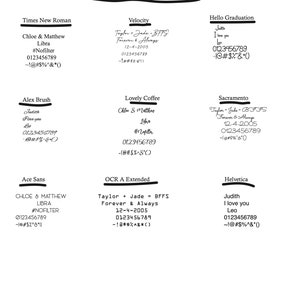 May include: A black and white image showing different font types with examples of text in each font. The fonts include Times New Roman, Velocity, Hello Graduation, Alex Brush, Lovely Coffee, Sacramento, Ace Sans, OCR A Extended, and Helvetica.
