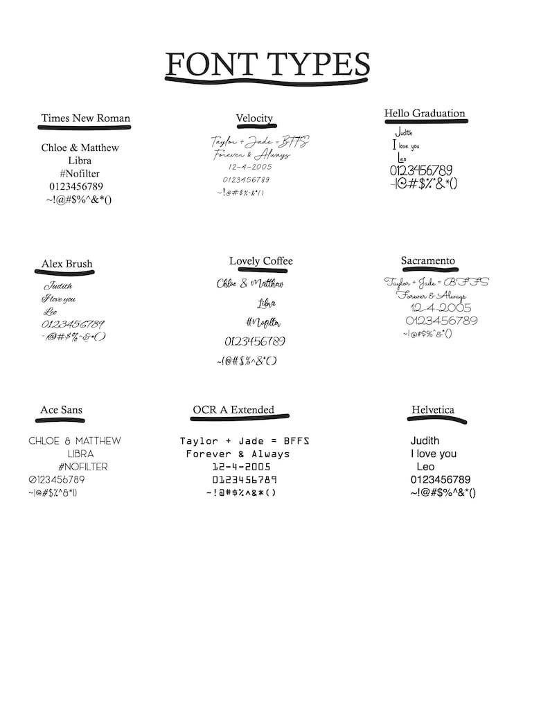 May include: A black and white image showing different font types with examples of text in each font. The fonts include Times New Roman, Velocity, Hello Graduation, Alex Brush, Lovely Coffee, Sacramento, Ace Sans, OCR A Extended, and Helvetica.