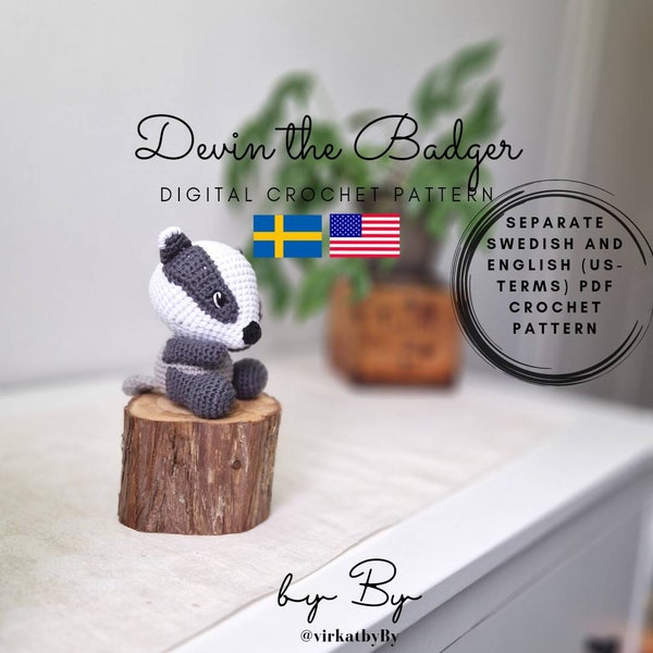 PDF Crochet pattern 'Forest Animals' Devin the Badger US-terms / virkmönster 'Skogens Djur' Grävlingen Devin barnvagns hänge