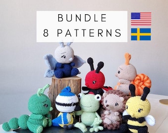 BUNDLE: Garden Animals 8 patterns (SE and US terms) / Trädgårdsdjur Virkmönster