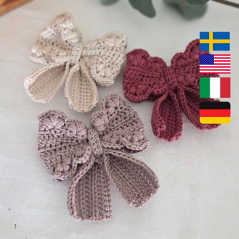 Bow Crochet Pattern US, German, Italian and Swedish terms / Rosetter virkmönster / Fiocco /Schleife image 12