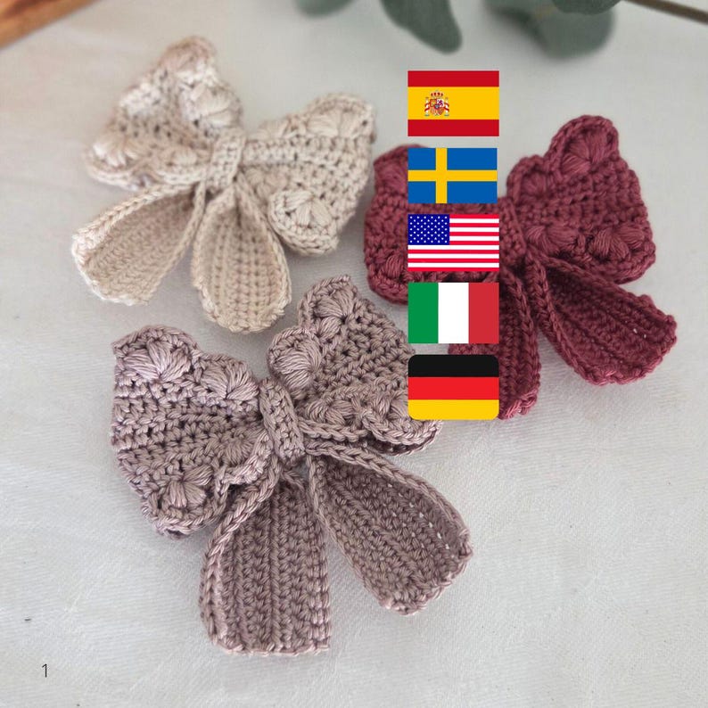 Bow Crochet Pattern US, German, Italian and Swedish terms / Rosetter virkmönster / Fiocco /Schleife image 1