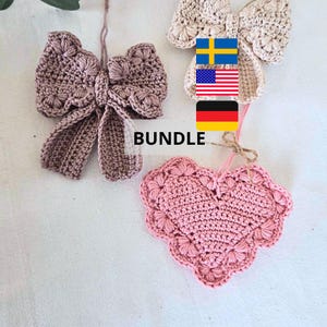 BUNDLE! Lovely Bow & Heart Crochet Pattern (Swedish and English US) Valentines day / Rosett + hjärta virkmönster