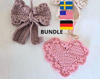 BUNDLE! Lovely Bow & Heart Crochet Pattern (Swedish and English US) Valentines day / Rosett + hjärta virkmönster