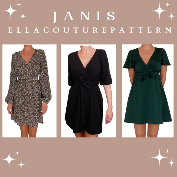 Patron couture robe Janis court décolleté cache-cœur avec manche long PDF Taille 32-54