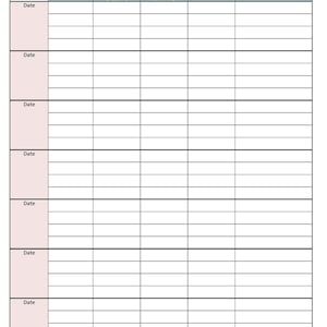 May include: A blood pressure recording chart, titled "BLOOD PRESSURE". It features columns for date, time, systolic, diastolic, pulse, and notes. The design uses a white background with light blue and pink colour accents.