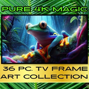 Op de afbeelding: Een digitale kunstcollectie van 36 hoge-resolutie afbeeldingen met een levendige groene kikker met oranje en blauwe accenten die op een tak zit in een weelderige jungle-omgeving. De tekst "PURE 4K MAGIC 36 PC. TV FRAME ART COLLECTION" wordt weergegeven op een gouden achtergrond.
