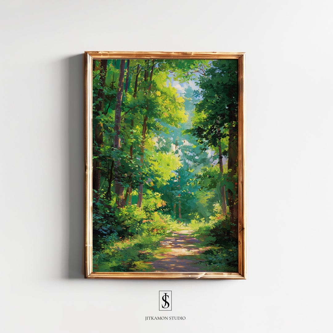 Sunlit Forest Path Wall Art | Vibrant Green Woodland Printable (digital ...