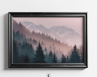 Misty Pink Winter Forest Wall Art | Soft Mountain Landscape Printable (Digital Download)