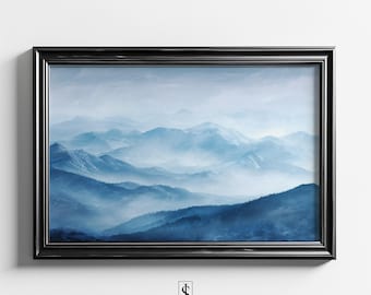 Misty Blue Mountain muurkunst | Dromerig mistig landschapsprint (digitale download)