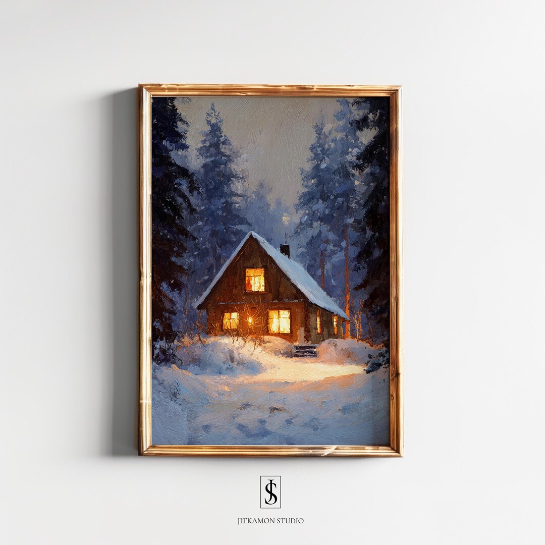 Cozy Winter Cabin Night Wall Art | Snowy Forest Printable (digital ...