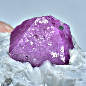 May include: A striking magenta crystal with a faceted form, set within a white, textured rock matrix. The crystal's sharp angles contrast with the granular base. A small green inclusion is visible. The overall effect is one of natural beauty.