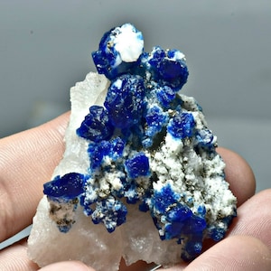 Op de afbeelding: Een cluster van blauwe azurietkristallen op een witte matrix met pyrieteinsluitingen. De azurietkristallen zijn scherp en goed gevormd, met een diepblauwe kleur. De matrix is wit en heeft een ruwe textuur. De pyrieteinsluitingen zijn klein en verspreid over de hele matrix.