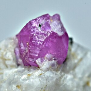 May include: A vibrant pink ruby crystal with a faceted, geometric shape. The crystal is set on a white, textured matrix.