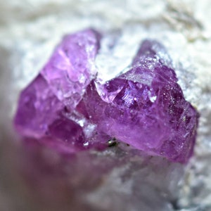 May include: A cluster of purple amethyst crystals with a rough, natural texture. The crystals are translucent and have a slight sparkle.