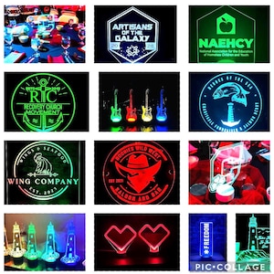 May include: Collage of nine images featuring various illuminated signs and logos. The signs are made of acrylic and feature different colors and designs. Some of the signs include a rooster, a lighthouse, a heart, a guitar, a cowboy, and a fish. The signs are all lit up with LED lights, creating a vibrant and colorful display.