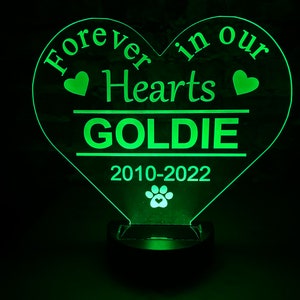 May include: Green heart-shaped acrylic light with the text "Forever in our Hearts Goldie 2010-2022" and a paw print with a heart inside.