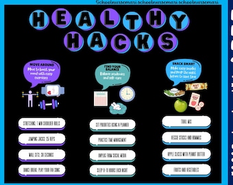 May include: A printable digital kit for a bulletin board with the title "Healthy Hacks Health Advice Bulletin Board Décor Digital Kit". The kit includes colourful illustrations and text with tips for healthy living, such as "Move Around", "Find Your Balance", and "Snack Smart". The kit is designed for a 91.44 cm x 121.92 cm bulletin board.