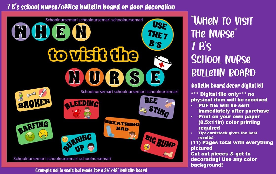 When to visit the nurse/7 B's bulletin board/door decor kit for nurses' office, school health, decor instant download (PDF)