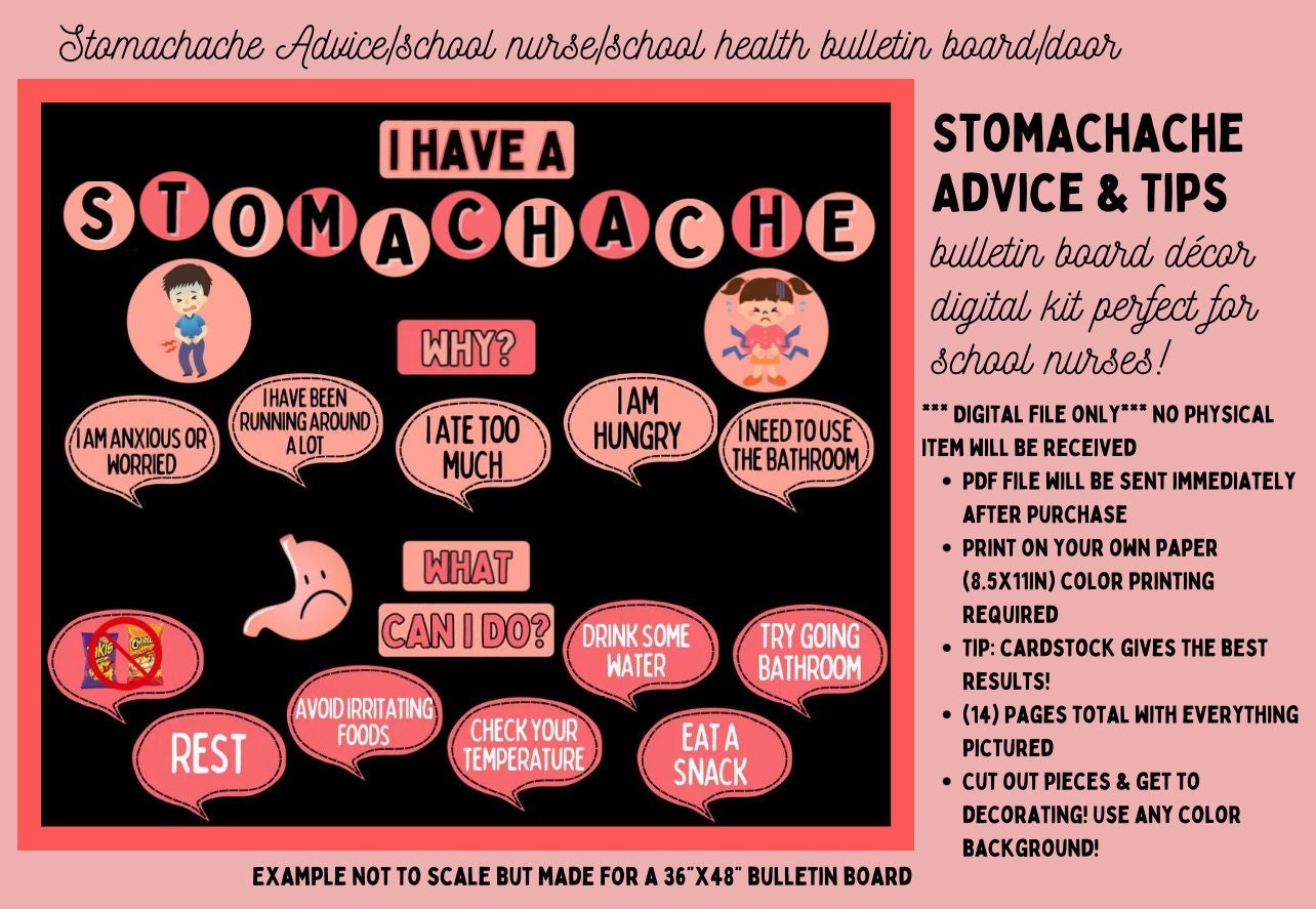 Stomachache tips and advice bulletin board/door decor kit for nurses' office, school, health office, decor instant download (PDF)