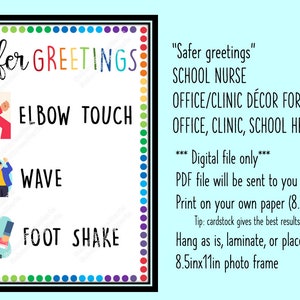 Safer greetings... clinic sign for school nurse, school health, teachers wall or door decor instant download PDF