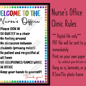 Nurse's Office rules/clinic sign for school nurse, school health, wall or door decor instant download PDF