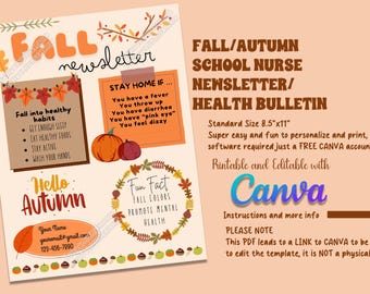 Editable Fall/Autumn Health Bulletin/Newsletter for School Nurse/School Health/Healthcare office, Canva Link PDF